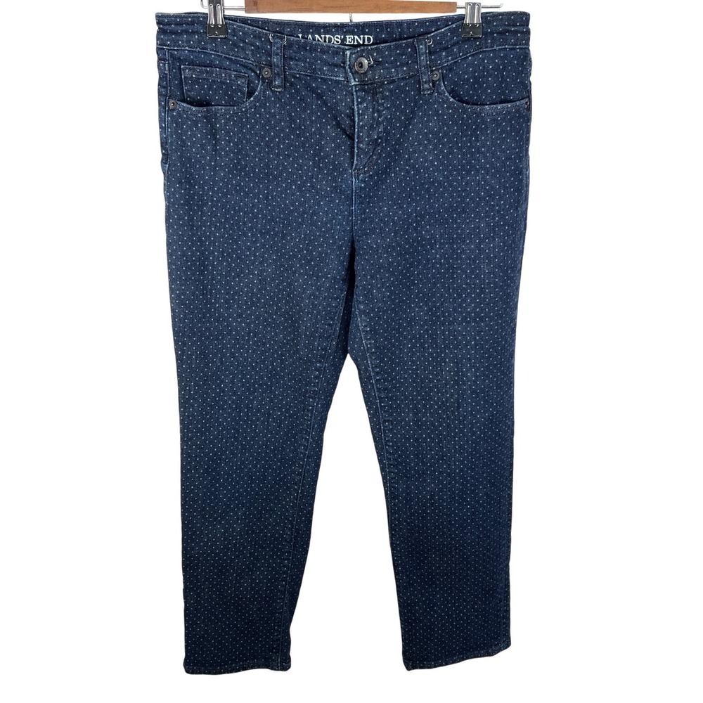 Lands End Womens 10P Polka Dot Straight Leg Jeans Dark Wash Blue Denim Fit 2